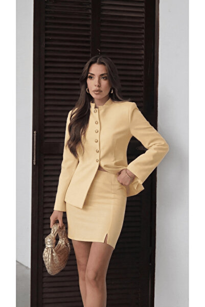 Swass Millie Jeweled Buttoned High Neck Mini Skirt Set Yellow
