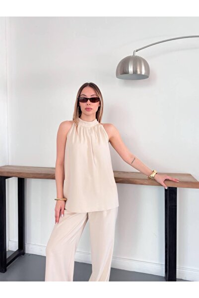 Ekim Store Σετ Μπλούζας και Παντελονιού με Λεπτομέρεια Δέσιμου στον Λαιμό