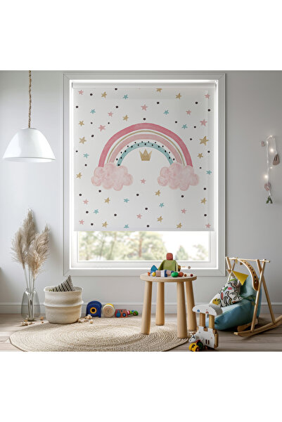 Home Kız Odası - Gökkuşağı ve Bulut Desenli Baskılı Stor Perde
