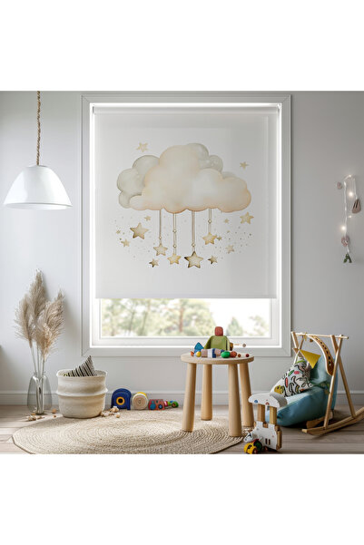 Home Kız ve Erkek Odası - Bulut ve Yıldız Desenli Baskılı Stor Perde