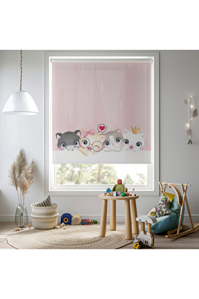 Home Kız Odası - Sevimli Kedi Desenli Baskılı Stor Perde