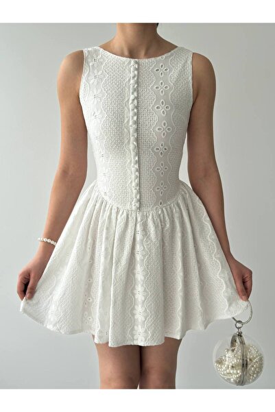 LOKADI Γυναικείο Λευκό Φόρεμα με Κέντημα - Καλοκαιρινό Φόρεμα με Μίνι Φούστα ...