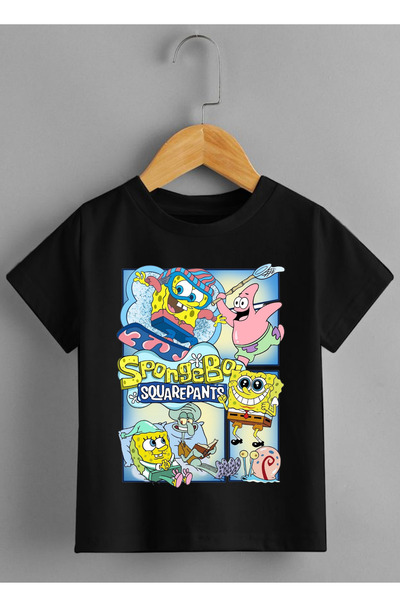 Tubinyoo Sünger Bob (Sponge Bob) Baskılı Siyah Çocuk Tişört