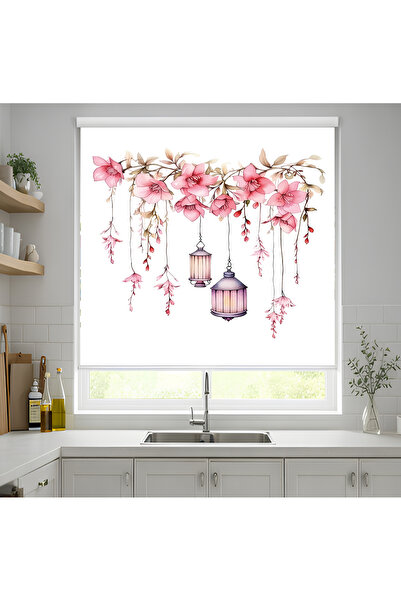 Mas Pembe Çiçek ve Fener Desenli Baskılı Stor Perde – Romantik ve Dekoratif T...