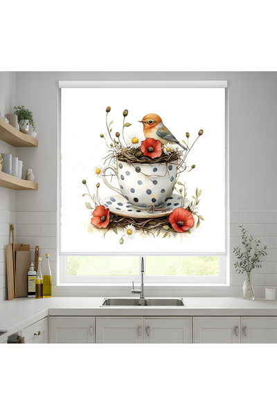 vanilyahome Kuş ve Çiçek Desenli Dekoratif Baskılı Stor Perde
