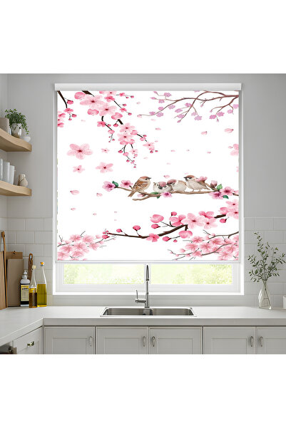 Home Sakura Çiçekli Kuş Desenli Baskılı Stor Perde – Romantik Bahar Tasarımı