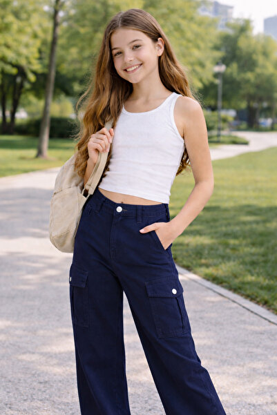 Eleysa 38504-26 Girls' Linen Trousers with Cargo Pocket Detail, Elastic Waist...