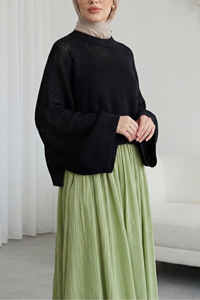 Modamorfo Bat Sleeve Openwork Knitwear Sweater - Black