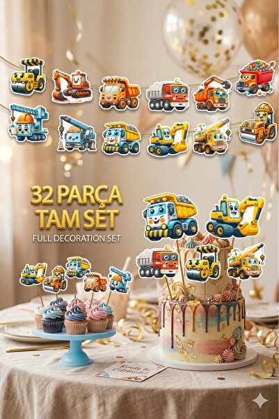 abjad 32Parça Kamyon İş Makinası Kepçe Kamyon Dev Doğum Günü Süsü Banner Past...