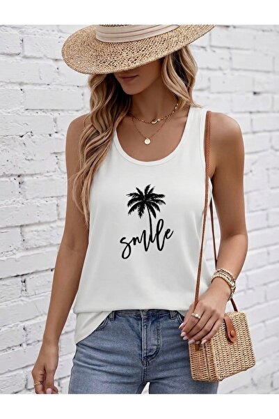 FUFLUNS Γυναικείο φανελάκι με στρογγυλή λαιμόκοψη και στάμπα χαμόγελου και φο...