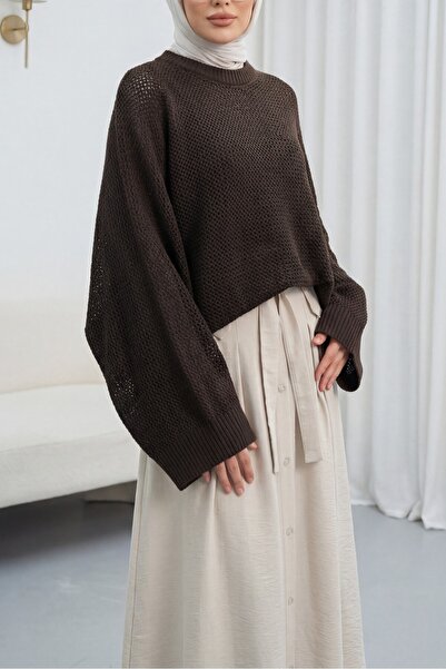 Modamorfo Πλεκτό πουλόβερ με μανίκια νυχτερίδα και διάτρητο σχέδιο -k. Καφέ