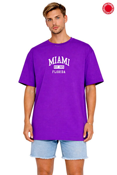 DUBU BUTİK Unisex Oversize Μωβ μπλουζάκι Miami Florida με στάμπα 100% βαμβακε...