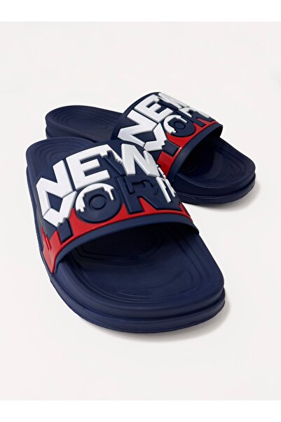 CCWAY AYAKKABI Ανδρικές παντόφλες με μονό σχέδιο NEW YORK ΜΑΥΡΟ ΛΕΥΚΟ ΚΟΚΚΙΝΟ