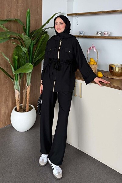 Şulemoda Giyim Σετ λινό με φερμουάρ Sual σε μαύρο χρώμα