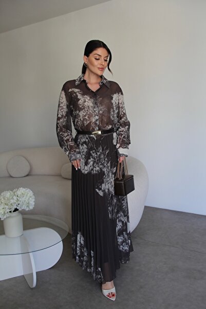 Julidress Σετ με πουκάμισο με σχέδια και μακριά φούστα μάξι με πιέτες και επέ...