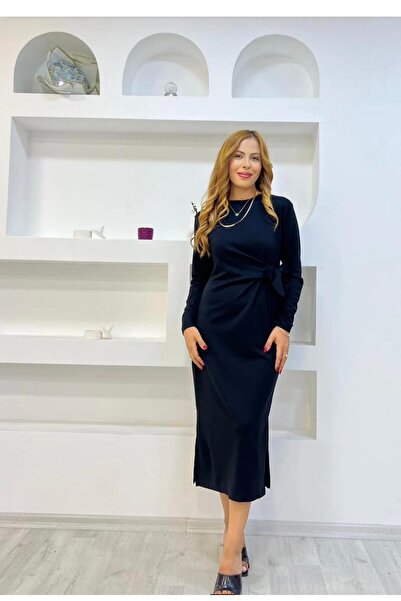 Trendingsize Textured Modal Long-Sleeve Dress with Slit Detail and Belt