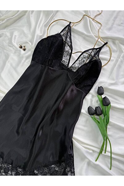 ROZENİN LINGERIE Plus Size Lace Detailed Satin Adjustable Strap Dress Nightgown