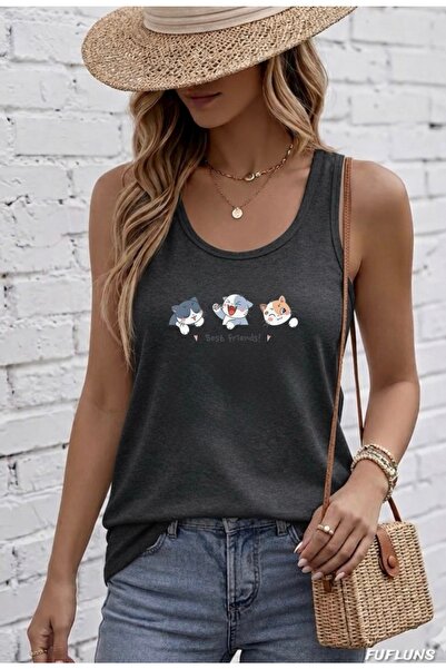 FUFLUNS Best Fri̇ends Cats Printed Women's Round Neck T-Shirt
