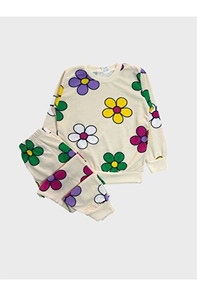 ALİŞ KİDS Κοριτσίστικο Βαμβακερό Κρεμ Σετ Πιτζάμες με Λουλουδάτο Σχέδιο και Μ...