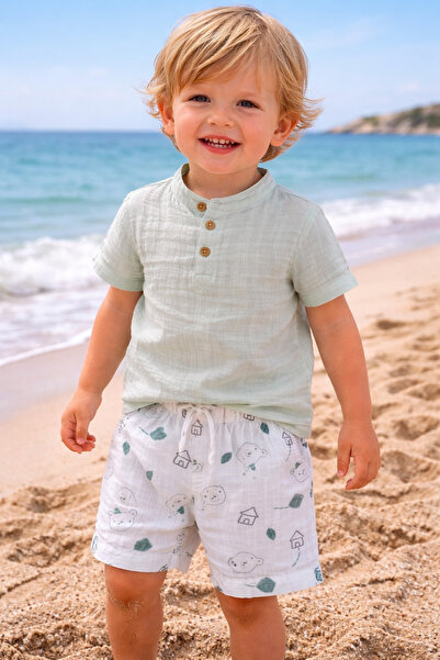 BİANCOFİGLİO Boy's Muslin Set Green Shirt Small Pattern Shorts 1-4 Years