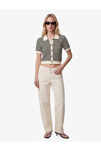 Koton Slim Fit Buttoned Polo Collar Short Sleeve Striped Knitwear Cardigan