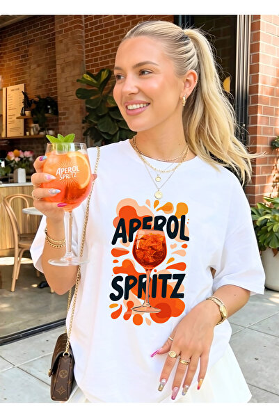 SUNFREE تي شيرت أبيض برقبة دائرية وأكمام قصيرة مطبوع عليه APEROL