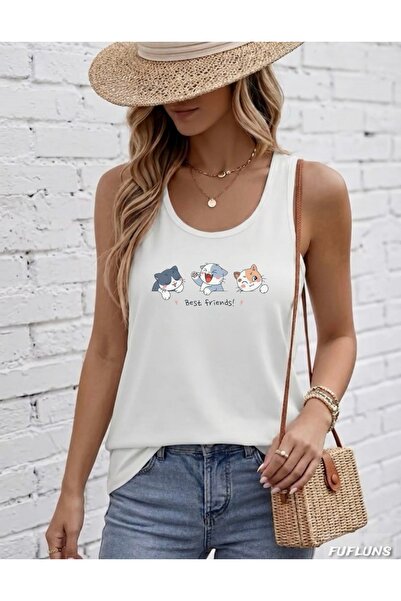 FUFLUNS Best Fri̇ends Cats Printed Women's Round Neck T-Shirt