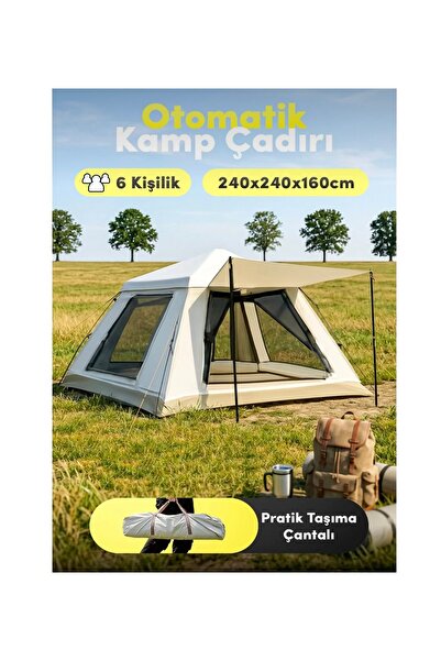 aetcr AC6637 Otomatik Kamp Çadırı - 6 Kişilik, 240x240x160 cm, Güneşlikli ve ...
