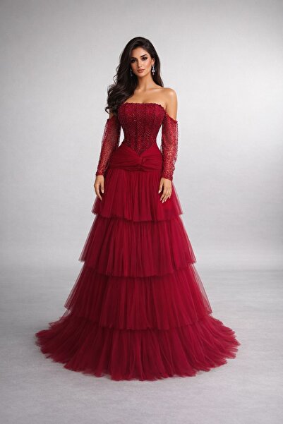 Diva style Evening Dress Tulle Layers Double Cloche Hand Embroidery