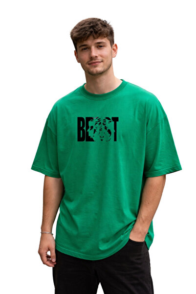 DUBU BUTİK Unisex Oversize Πράσινο T-Shirt Beast Lion με στάμπα 100% βαμβάκι ...
