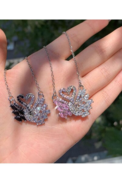 Le Manolia Accessories kararmaz çelik pembe swa kolye çift kuğu özel tasarım sevgiliye hediye kolye