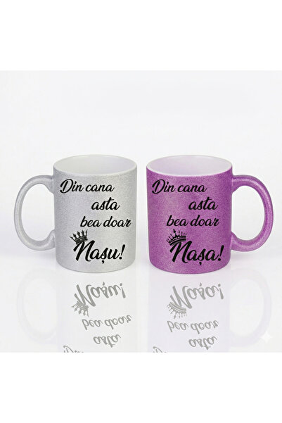 EON Set 2 Căni Personalizate "Nașu & Nașa" – Glitter Argintiu și Mov, Cadou E...