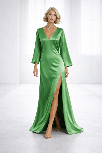 ALYEL NAKER V-Neck & One-Side Deep Slit Maxi Regular Green Satin Dress