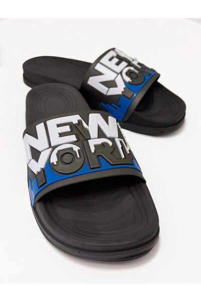 CCWAY AYAKKABI Ανδρικές παντόφλες με μονό σχέδιο NEW YORK ΓΚΡΙ ΛΕΥΚΟ ΜΠΛΕ