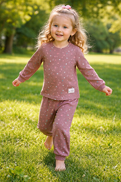 BİANCOFİGLİO Girls' Set with Colorful Flower Pattern on Light Brown Color for...