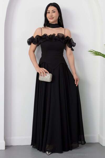 PULLIMM Φόρεμα σιφόν με στράπλες λαιμόκοψη και βολάν DRP562