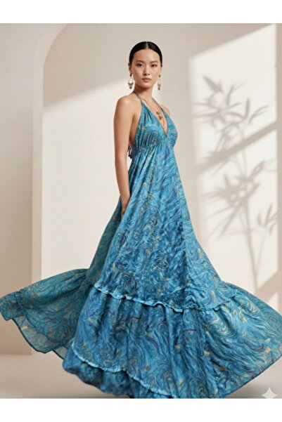 laviyonsa Silk Marbled Pattern Backless Authentic Long Dress 36-48 Size Sdt