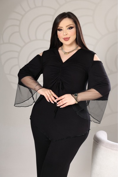 BONİTA FASHİON Plus Size V-Neck Front Gathered Stylish Cold Shoulder (Open Sh...