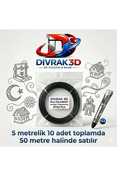 DİVRAK3D Filament Pla 1.75mm Pla SİYAH Renk X 50 Metre 3 Boyutlu Kalem Flamenti