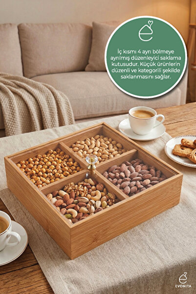 EVONİTA Bambu Kapaklı 4 Bölmeli Saklama Kutusu Çerezlik Kahvaltılık Organizer...