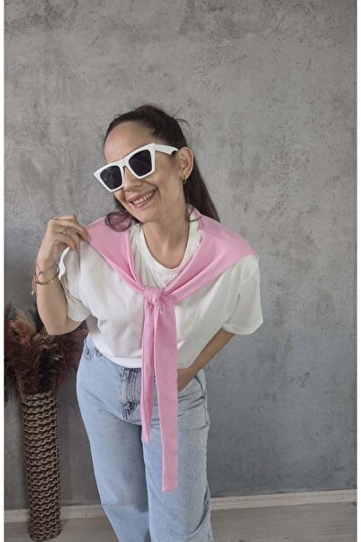 Butik ŞEKER PEMBE ŞAL BAĞLAMA DETAYLI BEYAZ TİŞÖRT