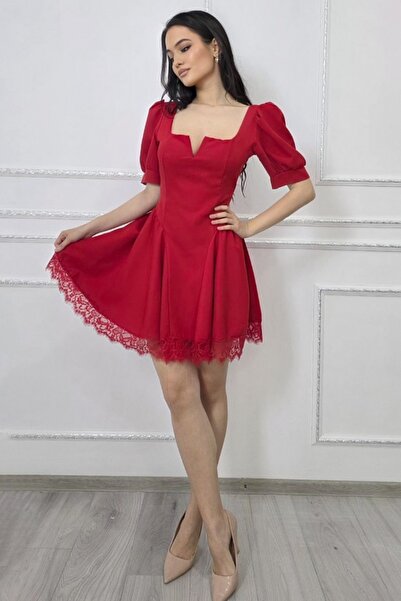 FashionForYou Κομψό φόρεμα babydoll Amandine, εξώπλατο με φιόγκο, Κόκκινο