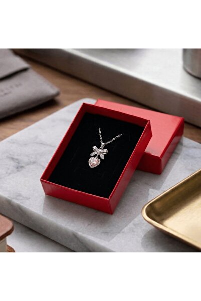 Pigna Aksesuar Silver Color Steel Necklace - with Pink Stone Heart and Ribbon...