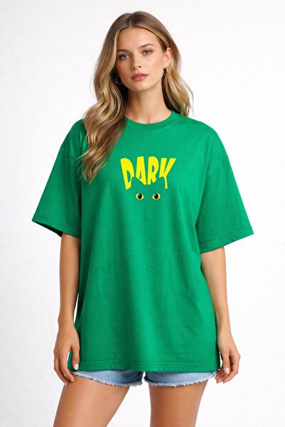 DUBU BUTİK Unisex Oversize Πράσινο T-Shirt με στάμπα DARK και λεπτομέρεια ματ...