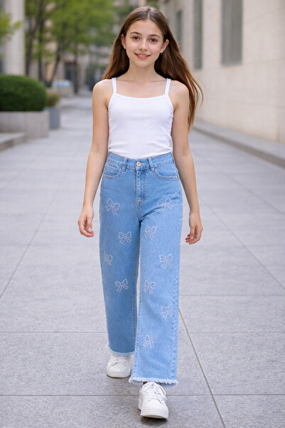 NAWİ 26904-26 Girls' Denim Trousers with Stone Bow Embroidery, Wide Leg, Comf...