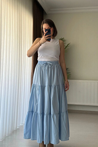 Kubos Moda Layered Blue Long Skirt with Tie Waist Detail
