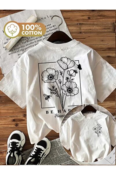 AEMİ Μπλουζάκι Unisex Be Happy με στάμπα Oversize με λαιμόκοψη ποδηλάτου