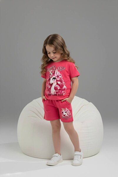 Yağmur Giyim PJKSKT Κοριτσίστικο κοντομάνικο σετ με σορτς με σχέδιο μονόκερου...