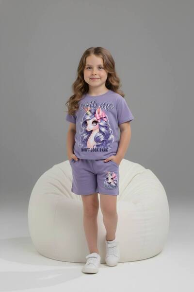 Yağmur Giyim PJKSKT Κοριτσίστικο κοντομάνικο σετ με σορτς με σχέδιο μονόκερου...