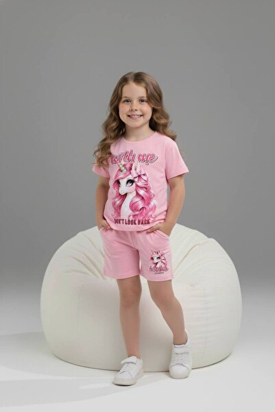 Yağmur Giyim PJKSKT Κοριτσίστικο κοντομάνικο σετ με σορτς με σχέδιο μονόκερου...